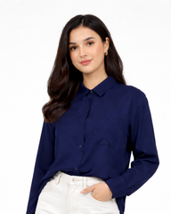 Women’s Solid Button-Down Shirt – Navy Blue Casual Long Sleeve Top