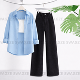 Combo Wear (Skyblue shirt with Black wide leg jeans )