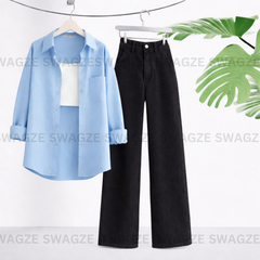 Combo Wear (Skyblue shirt with Black wide leg jeans )
