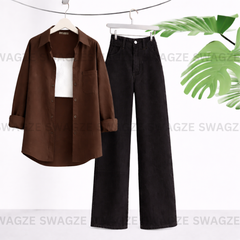 Combo Wear (Brown shirt with Black wide leg jeans )