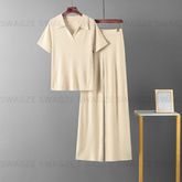 Beige Bloom Ribbed Co-Ord Set