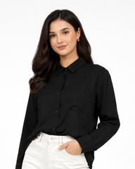 Women’s Solid Button-Down Shirt – Black Casual Long Sleeve Top