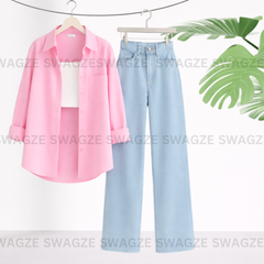 Combo Wear (Baby Pink shirt with Skyblue wide leg jeans)