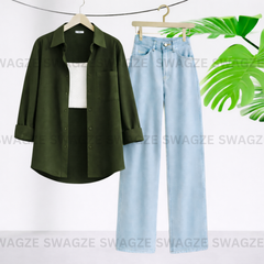 Combo Wear (Olive green shirt with Skyblue wide leg jeans)