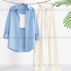 Combo Wear (Skyblue shirt with White wide leg jeans )