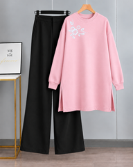 Long Fleece Sweatshirt Side Pocket with Black Flapper Trouser (Flower Bunch P02)