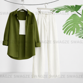 Combo Wear (Olive green shirt with White wide leg jeans )