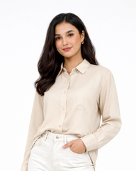 Women’s Solid Button-Down Shirt – Beige Casual Long Sleeve Top