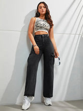 6 Pockets Wide leg Cargo Jeans(Black)