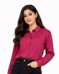 Women’s Solid Button-Down Shirt – Shocking Pink Casual Long Sleeve Top