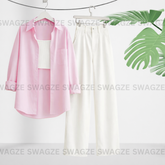 Combo Wear (Baby pink shirt with White wide leg jeans )