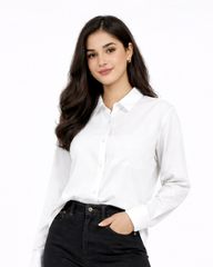Women’s Solid Button-Down Shirt – White Casual Long Sleeve Top