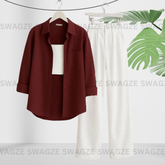 Combo Wear (Maroon shirt with White wide leg jeans )