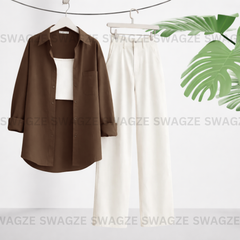 Combo Wear (Brown shirt with White wide leg jeans )