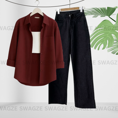 Combo Wear (Maroon shirt with Black wide leg jeans )