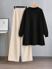 Long Fleece Sweatshirt Black with Beige Flapper Trouser (Pocket Sweatshirt)