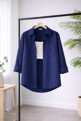 Women’s Solid Button-Down Shirt – Navy Blue Casual Long Sleeve Top