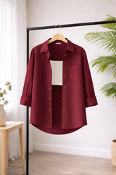 Women’s Solid Button-Down Shirt – Maroon Casual Long Sleeve Top