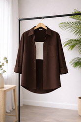 Women’s Solid Button-Down Shirt – Brown Casual Long Sleeve Top
