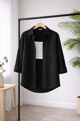 Women’s Solid Button-Down Shirt – Black Casual Long Sleeve Top
