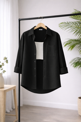 Women’s Solid Button-Down Shirt – Black Casual Long Sleeve Top