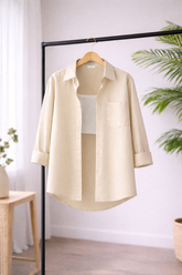 Women’s Solid Button-Down Shirt – Beige Casual Long Sleeve Top