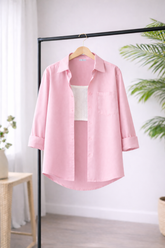 Women’s Solid Button-Down Shirt – Baby Pink Casual Long Sleeve Top