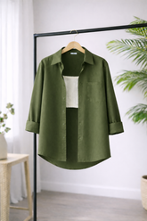 Women’s Solid Button-Down Shirt – Olive Green Casual Long Sleeve Top