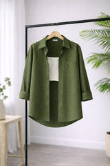 Women’s Solid Button-Down Shirt – Olive Green Casual Long Sleeve Top
