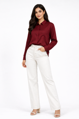 Women’s Solid Button-Down Shirt – Maroon Casual Long Sleeve Top