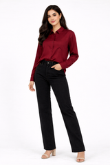 Combo Wear (Maroon shirt with Black wide leg jeans )
