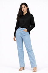 Combo Wear (Black shirt with Skyblue wide leg jeans)