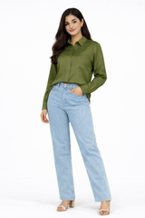 Combo Wear (Olive green shirt with Skyblue wide leg jeans)