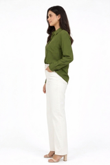 Women’s Solid Button-Down Shirt – Olive Green Casual Long Sleeve Top
