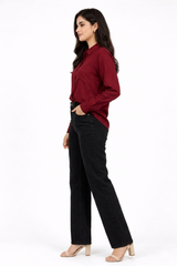 Combo Wear (Maroon shirt with Black wide leg jeans )