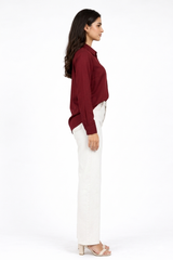 Women’s Solid Button-Down Shirt – Maroon Casual Long Sleeve Top