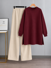 Long Fleece Sweatshirt Maroon with Beige Flapper Trouser (Pocket Sweatshirt)