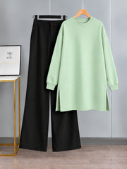 Long Fleece Sweatshirt Mint Green with Beige Flapper Trouser (Pocket Sweatshirt)