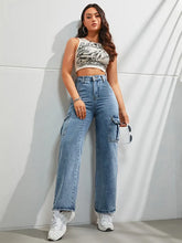 6 Pockets Wide leg Cargo Jeans (Blue)