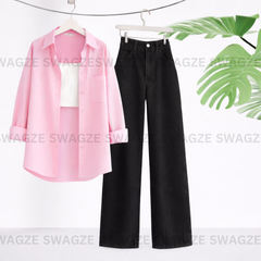 Combo Wear (Baby pink shirt with Black wide leg jeans )