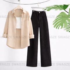 Combo Wear (Beige shirt with Black wide leg jeans )