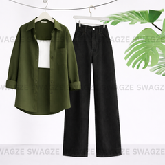 Combo Wear (Olive green shirt with Black wide leg jeans )