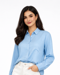 Women’s Solid Button-Down Shirt – Sky blue Casual Long Sleeve Top