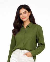 Women’s Solid Button-Down Shirt – Olive Green Casual Long Sleeve Top