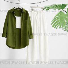 Combo Wear (Olive green shirt with White wide leg jeans )