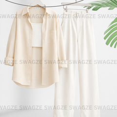Combo Wear (Beige shirt with White wide leg jeans )