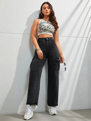 6 Pockets Wide leg Cargo Jeans(Black)
