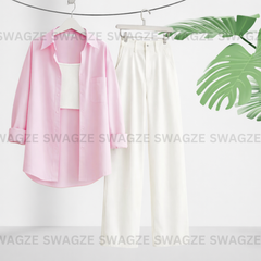 Combo Wear (Baby pink shirt with White wide leg jeans )