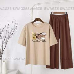 Casual Combo (peace love coffee) with brown flapper trouser