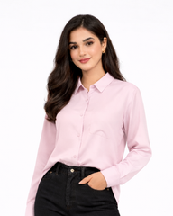 Women’s Solid Button-Down Shirt – Baby Pink Casual Long Sleeve Top